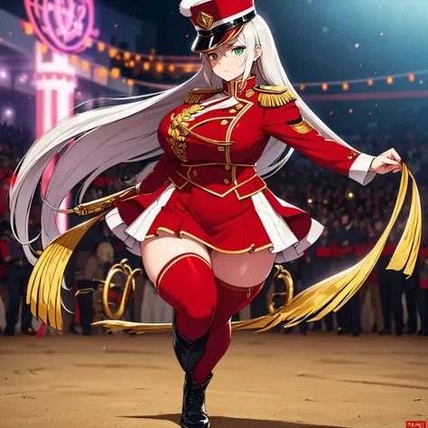 a woman wearing red marching band uniforms with gold details, gold shoulder pads, wearing a red drum major hat with gold details...