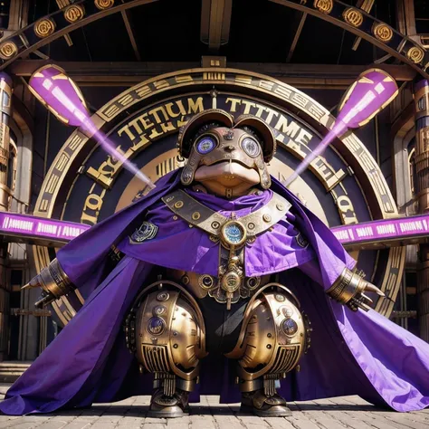 idol stage idol stage there is a (((steam punk))) frog with purple eyes and a purple cape, (one) fantasy style, 4k solar punk wa...