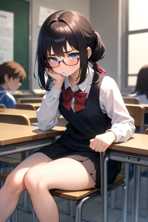 ((best quality)), ((masterpiece)), (detailed), perfect face, one of the anime girls with glasses, blue eye, 150cm tall, brown pony tail hair, face pouting, school outfit, closed, staring, teenager, sitting alone in class, shy, introvert, 