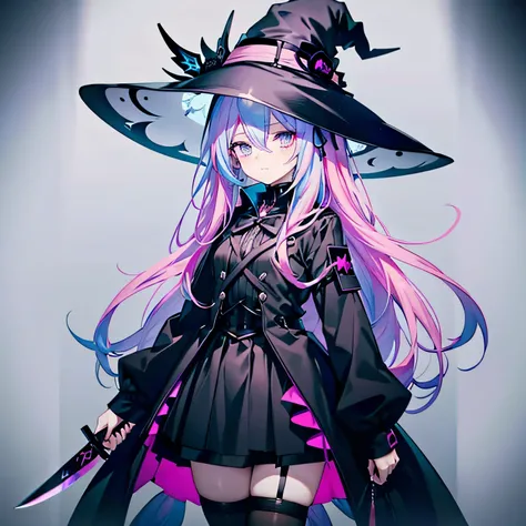 Anime femboy, long hair, pink and blue hair, black skirt, Long black goth shirt with long sleeves, black thigh highs, holding knife, a cute black mask, looking forward, black witch hat, ("1-person standing", “profile picture”) ^make it say ‘Femboi Luci’ in...