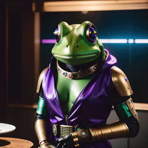 idol stage idol stage there is a (((steam punk))) frog with purple eyes and a purple cape, kermit the frog as thanos, cyberpunk ...