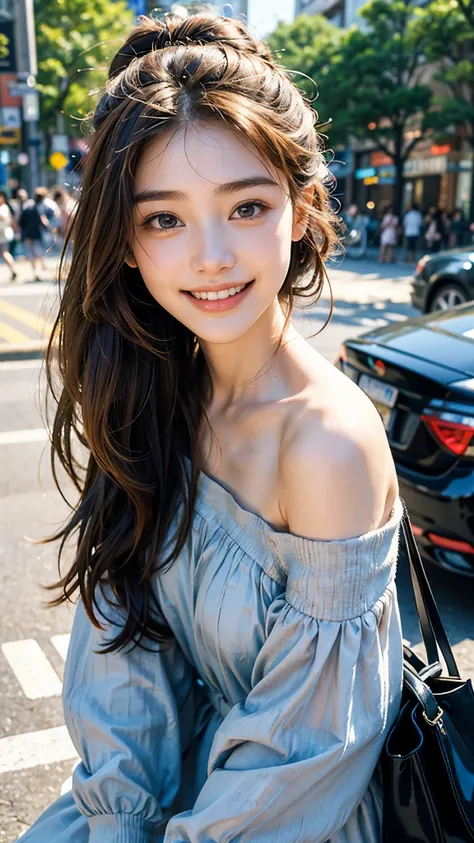 highest quality, masterpiece, Ultra-high resolution, (Realistic:1.4),Cloudy weather, (Close-up portrait) RAW Photos, 1 girl,20-year-old,((Off-the-shoulder dress)),((Yokohama Motomachi Shopping Street)),((Please look up)),,((Handbags)),Hair Bun,((Lots of sh...