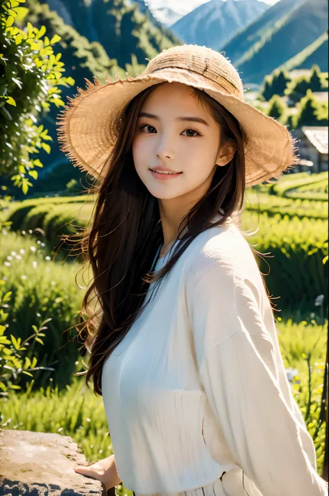 (absurdres, highres, ultra detailed, beautiful, masterpiece, best quality, )1 girl , half body shot, BREAK Terraced rice fields, rural villages, green landscapes, traditional farming, mountainous backdrops, peaceful atmosphere, BREAK Comfortable clothing, ...