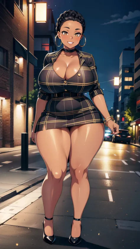 4K Quality, black woman, grinning, sexy pose, black plaid skirt, standing up, black african braids, dark skinned, thick thighs, big breasted, big ass, looking at viewer, braided hair, amber eyes, night time, on the sidewalk, full body, city background, per...