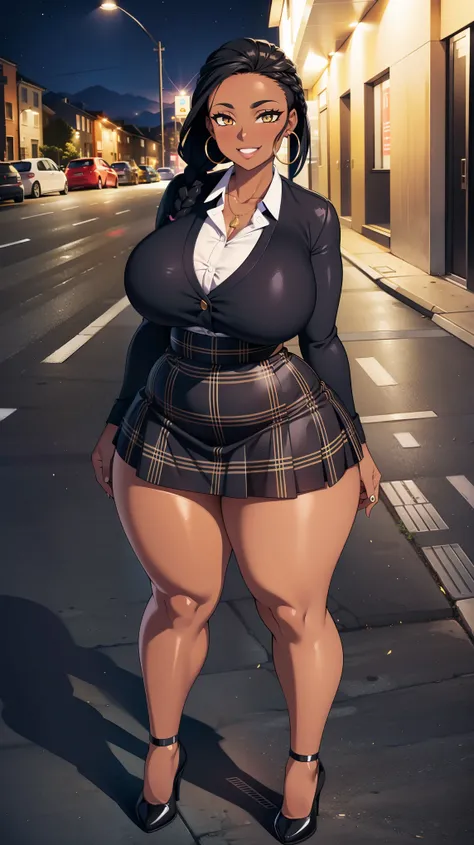 4K Quality, black woman, grinning, sexy pose, black plaid skirt, standing up, black african braids, dark skinned, thick thighs, big breasted, big ass, looking at viewer, braided hair, amber eyes, night time, on the sidewalk, full body, city background, per...