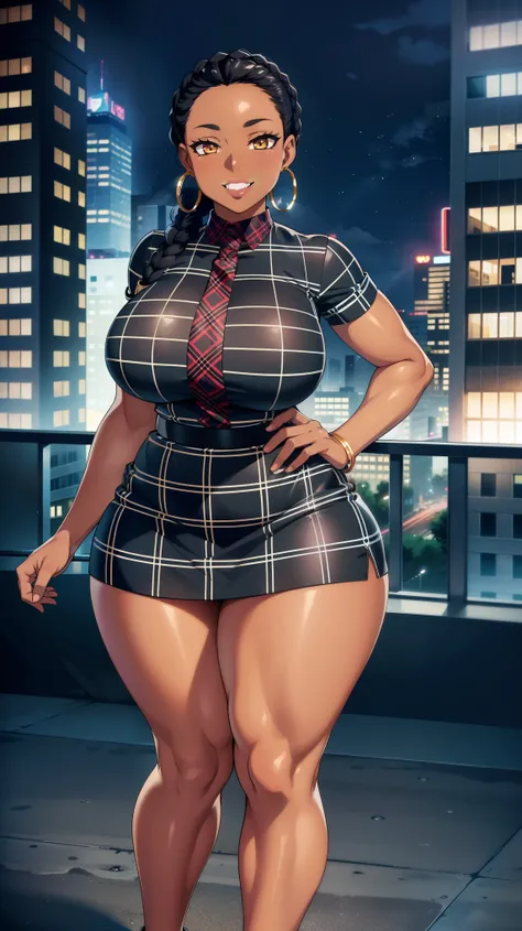 4K Quality, grinning, sexy pose, black plaid miniskirt, standing up, black african braids, dark skinned, thick thighs, big breasted, big ass, looking at viewer, braided hair, amber eyes, night time, bedroom eyes, full body, city background, perfect face, p...