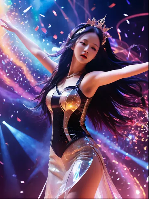 (best quality,4k,8k,highres,masterpiece:1.2),ultra-detailed,(realistic,photorealistic,photo-realistic:1.37),portraits,dramatic lighting,colorful,anime,stage,performance,girl,girls,headdress,costumes,microphone,spotlights,smoke effect,energetic poses,dancin...