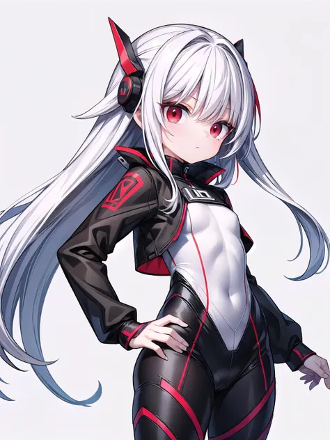 (small short girl red eyes long white hair), (sci-fi:1.1),(black color guard suit), (white background:1.5), (sexy butt)