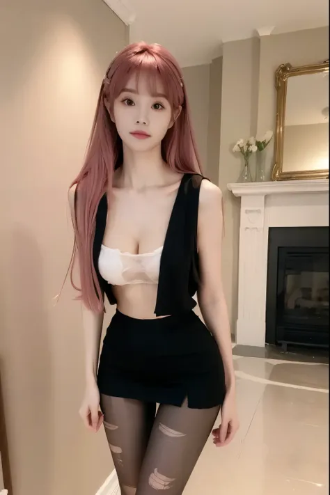 Beautiful woman with perfect body：1.4，Layered Hairstyle，Prominent cleavage，Highly detailed face and skin textures，Double eyelids，Skin Whitening，Long hair，Whitened long legs，Pink hair，（Vest，miniskirt，Black pantyhose）standing in living room