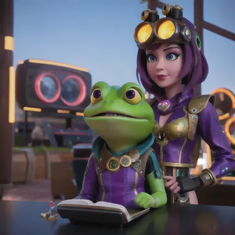 idol stage idol stage there is a (((steam punk))) frog with purple eyes and a purple cape, kermit the frog as thanos, cyberpunk ...