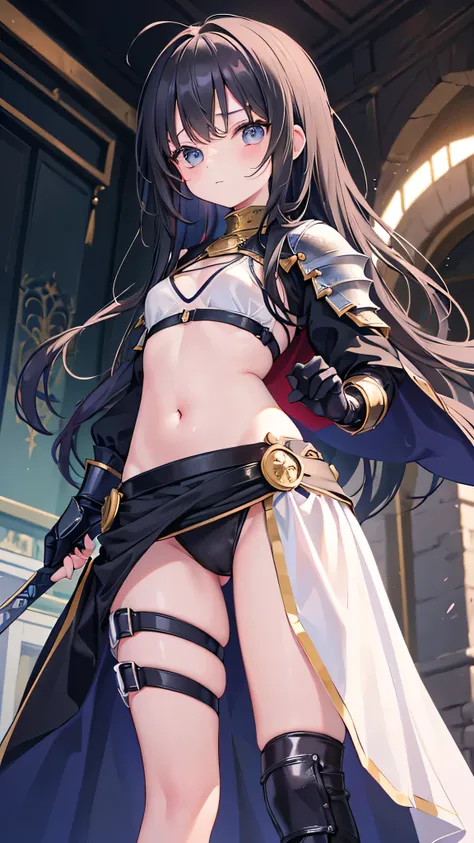 1girl、(9 year old female knight in training)、Bored look、Long black hair、(Gorgeous princess dress)、White Princess Gloves、Small breasts、belly button、Thighs、Holding a thin sword in one hand、((sexy Knight))、(Training in the arena)、((Angle from below))、