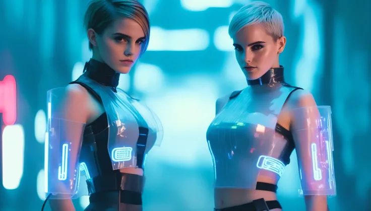 Two young female hackers in a cyberpunk metropolis facing the viewer, right arm resting on the waist, holding a cyberdeck with a transparent screen, very short silverwhite undercut haircut, immaculate skin, thoughtful look on the face, sweat on the skin, f...