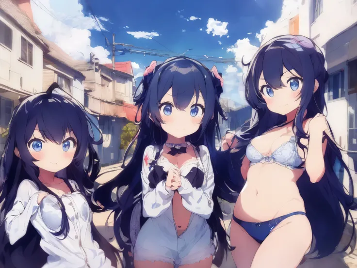 Girl in a long unbuttoned white shirt、Cute white bra、Cute white underwear、barefoot、Girl with super long black hair、Blue Ocean,Cumulonimbus and blue sky、Beautiful breasts、The cracks are clearly visible、Perfect hands、Perfect Legs、Cute mouth、smile