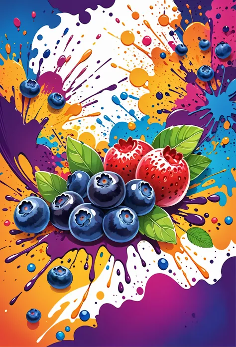 Vector Art, With lots of blueberry colorful illustrations, In the center, Vibrant colors, Paint splatters and stains, High Detail,Hawaiian style background
