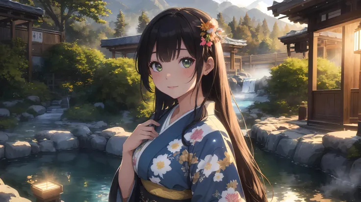 8k, PhotoRealistic, Super detailed, Very detailed, Close-up photo of a girl, long flowing hair, Colorful Hair, wear Kimono, Hot spring in the background, Top quality natural hot springs, Realistic, photoRealistic, (Intricate details:1.2), (Delicate and det...