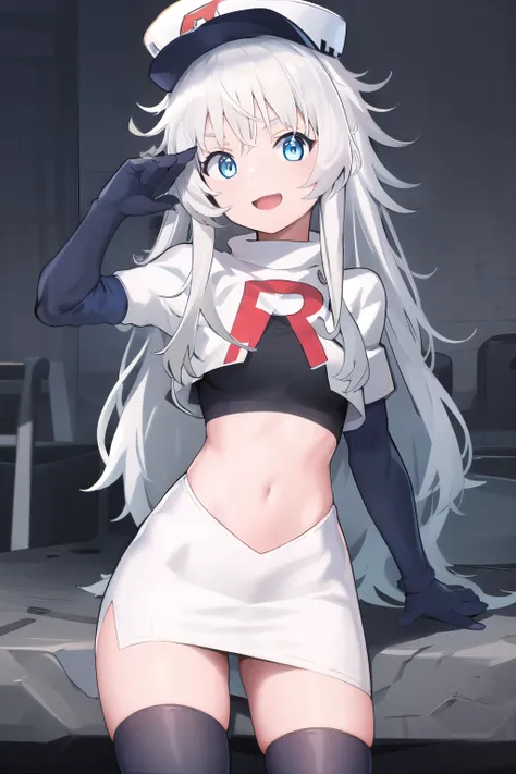 masterpiece, best quality, highres, 1girl, solo, long hair, hat, blue eyes, white hair, messy hair, team rocket,team rocket uniform,white skirt,red letter R,crop top,black thigh-highs,black elbow gloves