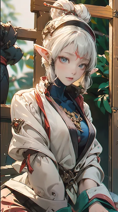 paya, a beautiful Extremely cute elf race face, 1girl, insanely detailed face and eyes, Perfect lips, pirate captain, Sunshine, hands on straw hat, red jacket, Sitting, closed shirt, pirate hat, looking at viewer, upper body, ABS, asymmetrical bangs, white...