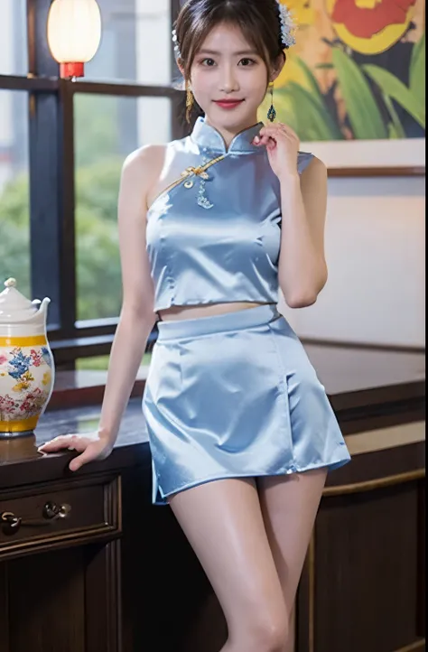 (highest quality、8k、masterpiece）、Blue satin miniskirt Chinese dress、（china clothes in mini skirts:1.4）,（White panties:1.5)、17 year old slender beauty，Flashy makeup using red eyeshadow，Open your mouth wide、Yōho、double eyelid，Delicate medium cut ponytail，squ...