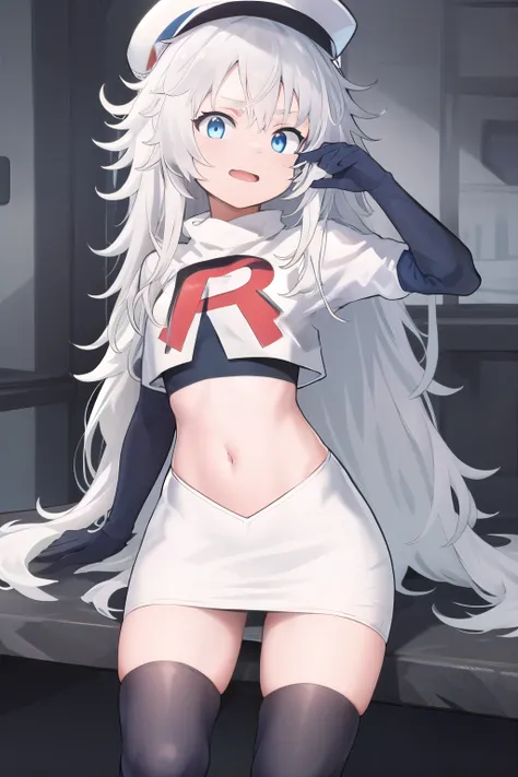 masterpiece, best quality, highres, 1girl, solo, long hair, hat, blue eyes, white hair, messy hair, team rocket,team rocket uniform,white skirt,red letter R,crop top,black thigh-highs,black elbow gloves