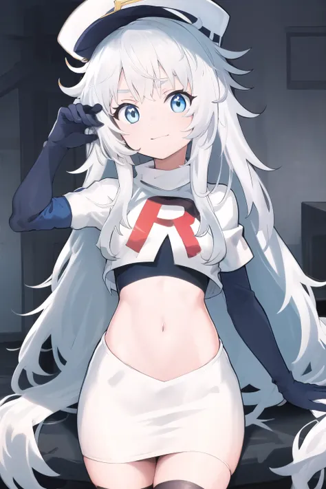 masterpiece, best quality, highres, 1girl, solo, long hair, hat, blue eyes, white hair, messy hair, team rocket,team rocket uniform,white skirt,red letter R,crop top,black thigh-highs,black elbow gloves