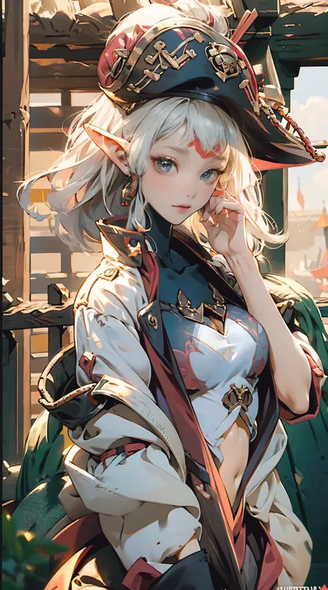 paya, a beautiful Extremely cute elf race face, 1girl, insanely detailed face and eyes, Perfect lips, pirate captain, Sunshine, hands on straw hat, red jacket, Sitting, closed shirt, pirate hat, looking at viewer, upper body, ABS, asymmetrical bangs, white...