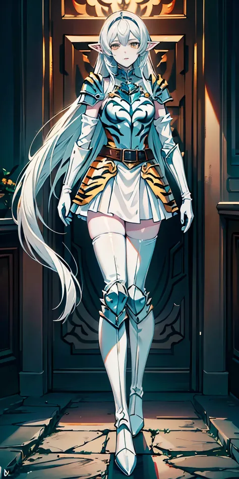 masterpiece, best quality, high quality, white SKIN elf, long hair, white hair, yellow eyes, full body, def_effie, blue breastplate, white skin, looking at viewer, shiny, armor, thigh highs, high boots, shoulder armor, faulds, poleyn, gloves, gauntlets, Ti...