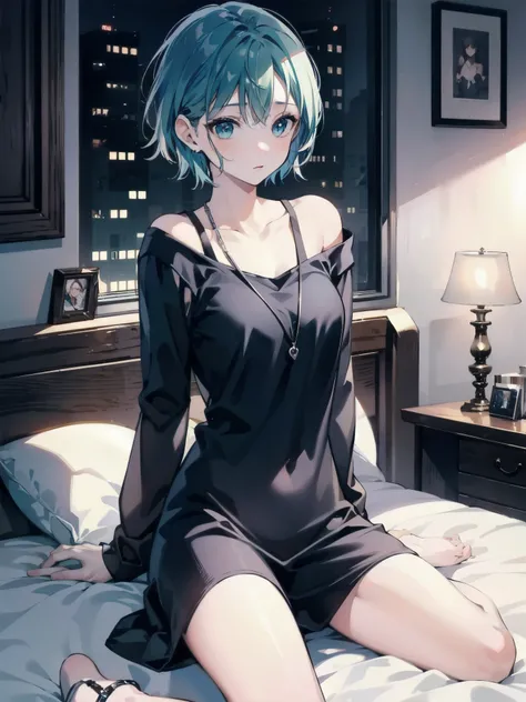 One girl、Deep green hair、mullet hairstyle 、short hair、Dignified eyes、Off the shoulder、Adult women、Sexy、bed