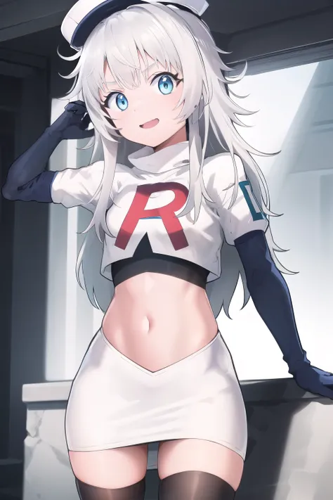 masterpiece, best quality, highres, 1girl, solo, long hair, hat, blue eyes, white hair, messy hair, team rocket,team rocket uniform,white skirt,red letter R,crop top,black thigh-highs,black elbow gloves