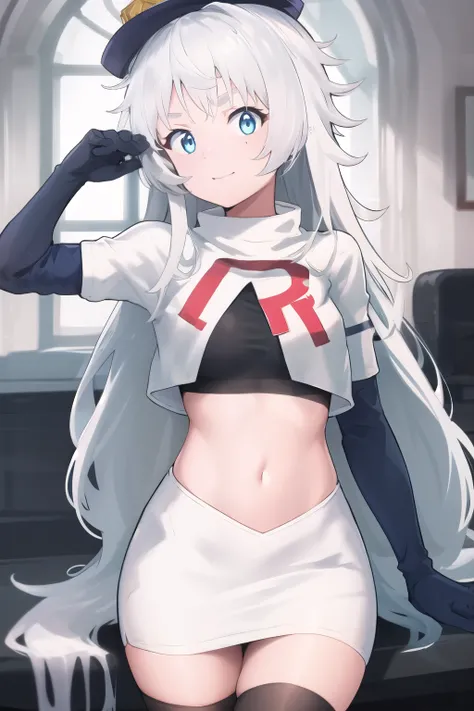 masterpiece, best quality, highres, 1girl, solo, long hair, hat, blue eyes, white hair, messy hair, team rocket,team rocket uniform,white skirt,red letter R,crop top,black thigh-highs,black elbow gloves