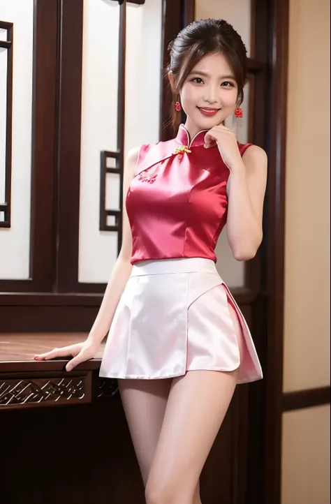 (highest quality、8k、masterpiece）、pink satin mini skirt chinese dress、立膝でwhite pantiesが見えている、（china clothes in mini skirts:1.4）,（...