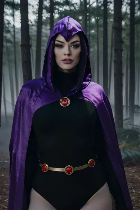 Rose McGowan, RVN cowboy photo, raven_cosplay, Hotraven, woman, Pale skin, black leotard, turtleneck, tights, cape, hood, bright eyes, gold belt, jewelry, medallion, athletic, viewer looking, night, dark forest, mist, fog, volumetric lighting, best quality...