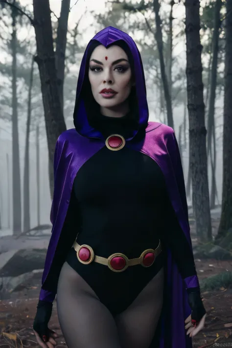 Rose McGowan, RVN cowboy photo, raven_cosplay, Hotraven, woman, Pale skin, black leotard, turtleneck, tights, cape, hood, bright eyes, gold belt, jewelry, medallion, athletic, viewer looking, night, dark forest, mist, fog, volumetric lighting, best quality...