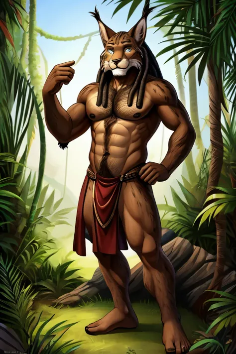 Athletic frame lynx, male, African, with toned torso, anthro, hairy_chest, brown skin, simple loincloth, plantigrade feet, dilf, long untrimmed dreadlocks, jungle tree