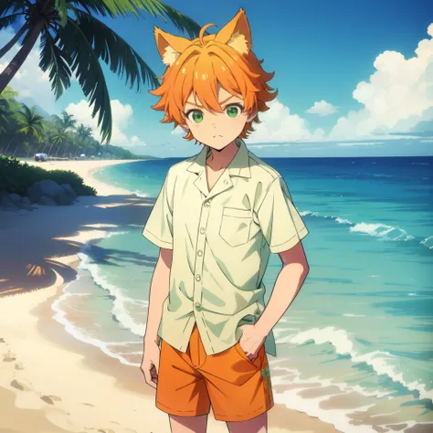 orange hair, green eyes, boy, 10 yo, animal ears, cute, shota, beach, swiming trucks, beach shirt, beach shorts, floral shirt, b...