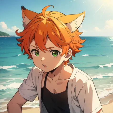 orange hair, green eyes, boy, 10 yo, animal ears, cute, shota, beach, swiming trucks