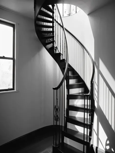 Black and white image，Spiral staircase，White light coming in from the top，Stairs in the shadows，Create a strong contrast between black and white。Remove the left window，Darken the areas where light is exposed。