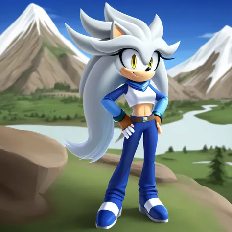 Mobian, female, (hedgehog similar to Silver the Hedgehog but female), white fur, yellow eyes,white crop top with boob window, long blue sleeves, fingerless white gloves with blue cuffs, blue navy pants, blue waistband, white heeled sonic soap shoes, (very ...