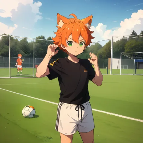 orange hair, green eyes, boy, 10 yo, animal ears, cute, shota, exercise, black exercise t-shirt, smal bag, sweat, alone, park, l...