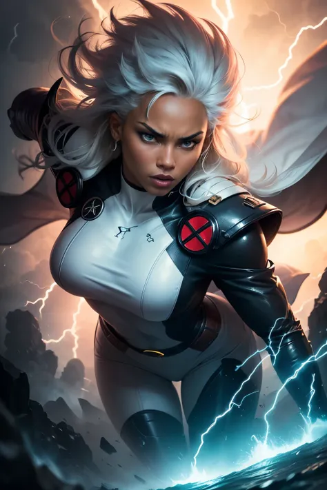 best quality,highres,ultra-detailed,realistic:1.37,professional, black skin, dynamic,action shot,storm character art,storm from the X-Men,storm conjuring lightning,storm with flowing white hair,storm with intense gaze,storm in a powerful pose,strong facial...