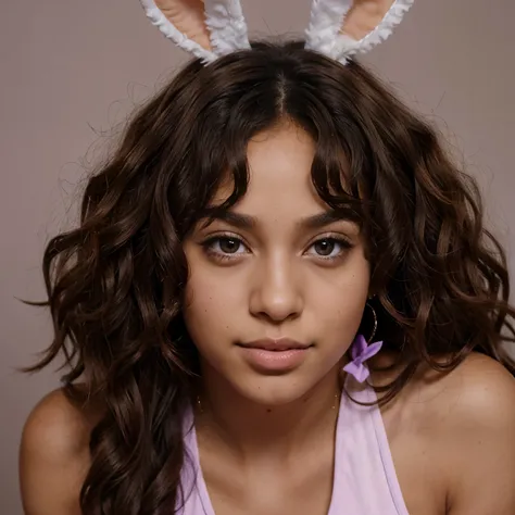 Brown skin, curly hair, purple eyes, bunny ears, puffy tail