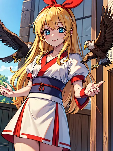 Nakoruru, SAMURAI SPIRITS,
flat chest,(nsfw:0.7),(RED Ribbon on HAIRband:1.2),8k,highest quality,masterpiece,1 girl, an eagle, stagnation, red bow, bow, long hair, hair bow, alone, hair band, Blonde hair,  sash, bangs, chest, RED eyes:1.5, smile,blush, bir...