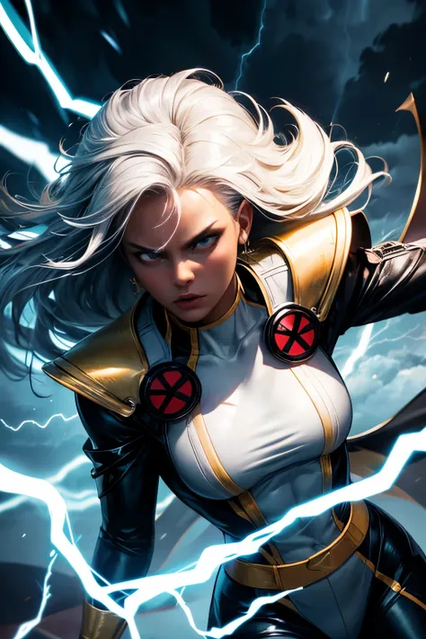 best quality,highres,ultra-detailed,realistic:1.37,professional, black skin, dynamic,action shot,storm character art,storm from the X-Men,storm conjuring lightning,storm with flowing white hair,storm with intense gaze,storm in a powerful pose,strong facial...
