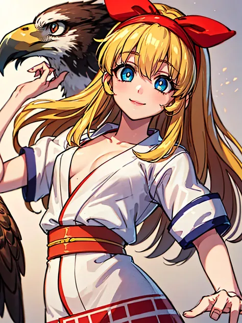 Nakoruru, SAMURAI SPIRITS,
flat chest,(nsfw:0.7),(RED Ribbon on HAIRband:1.2),8k,highest quality,masterpiece,1 girl, an eagle, stagnation, red bow, bow, long hair, hair bow, alone, hair band, Blonde hair,  sash, bangs, chest, RED eyes:1.5, smile,blush, bir...