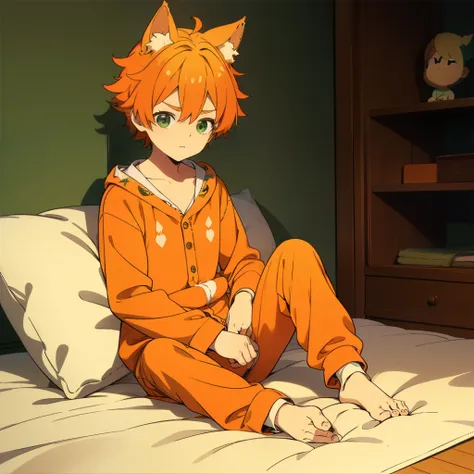 orange hair, green eyes, boy, 10 yo, animal ears, cute, shota, cute pijama, slippers, tired, drowsy