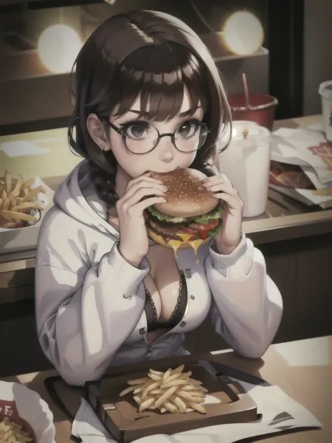 masterpiece, Super Detail, highest quality, beautiful gyaru, Sparkling eyes, Eat hamburger with both hands, Holding a hamburger in both hands, eat,Very detailed，High resolution，masterpiece，8k，(Black Hair)，((Brown eyes))，Glasses，Short length，Chubby，Thick ey...