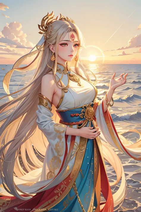 Mazu Image Design --s2:

A serene Mazu deity, elegantly dressed in traditional garments, holding a pearl, stands before an azure seascape. Her intricately patterned robe shimmers under the gentle sunlight, with delicate waves subtly rippling across its sur...