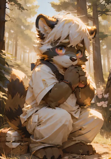 (masterpiece)，(Very detailed)，(best quality)，hairy，raccoon，Golden fur，white hair，Black pupil，(Light luxury clothes)，(blush:1.1)，((Shy expression))，Forest background，8k，(high quality)，(Ultra HD)，(Ultra Detailed)，（Young children），（Juvenile），Perfect sunshine，...