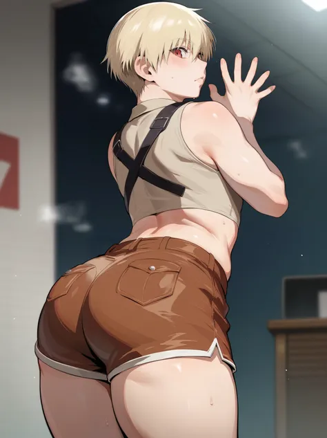 score_9, score_8_up, source_anime, standing, hellsing, seras, femboy, twink, shorts, otoko no, crop top, indoors, ikuchan, ass, ass cheeks, plump ass, rating:safe, sfw