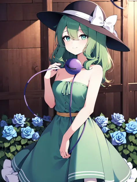 (cowboy shot), (colorful:1.1), glowing, (ultra-high resolution, depth of field:1.2), Touhou project, (komeiji koishi:1.1), (1woman), adult, medium breasts, (dark green eyes), white pupils, glowing eyes, green hair, wavy hair, (long hair), ponytail, (light ...