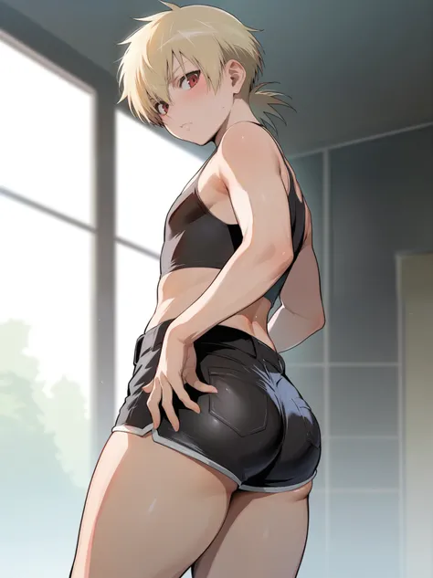 score_9, score_8_up, source_anime, standing, hellsing, seras, femboy, twink, shorts, otoko no, crop top, indoors, ikuchan, ass, ass cheeks, plump ass, rating:safe, sfw